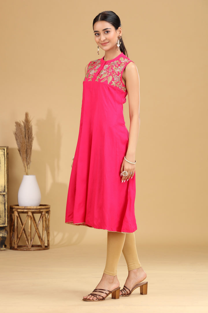 Rani Pink Embroidered A-Line Dress