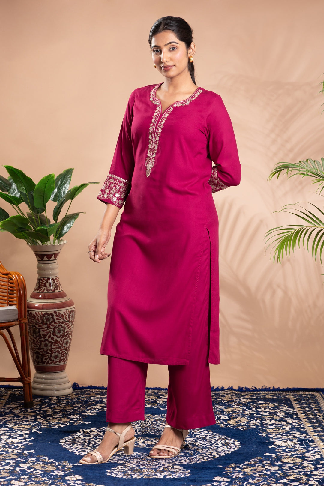 Rani Pink Embroidered Straight Co-ord Set