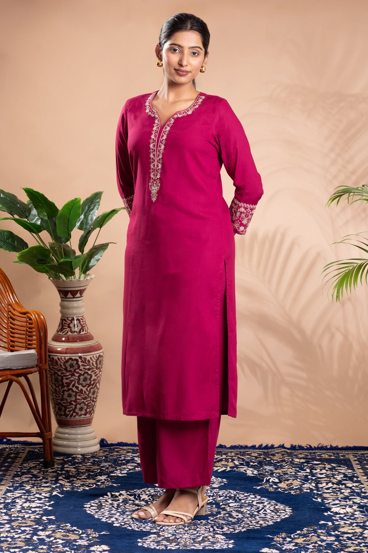 Rani Pink Embroidered Straight Co-ord Set