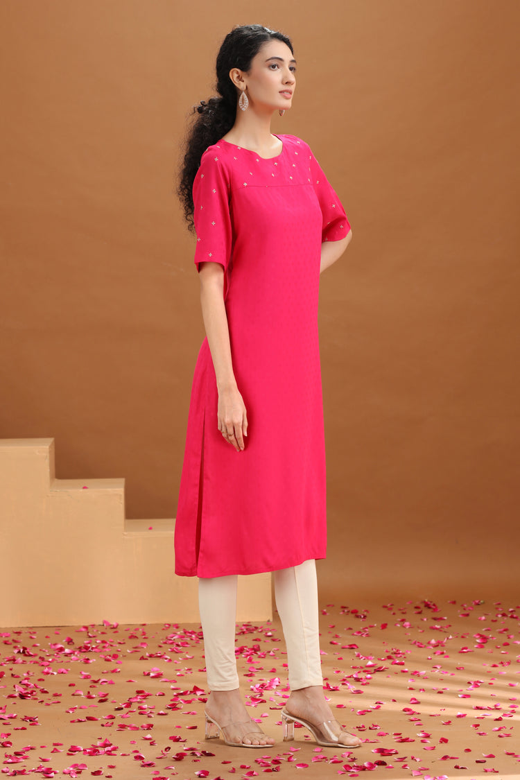 Rani Pink Embroidered Straight Kurta