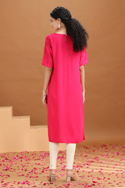 Rani Pink Embroidered Straight Kurta