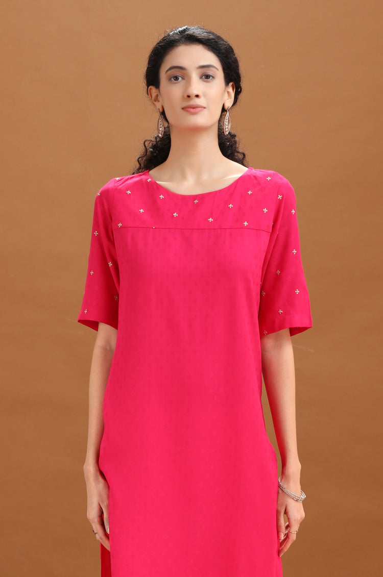 Rani Pink Embroidered Straight Kurta