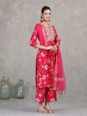 Rani Pink Floral Embroidered Straight Ethnic Set