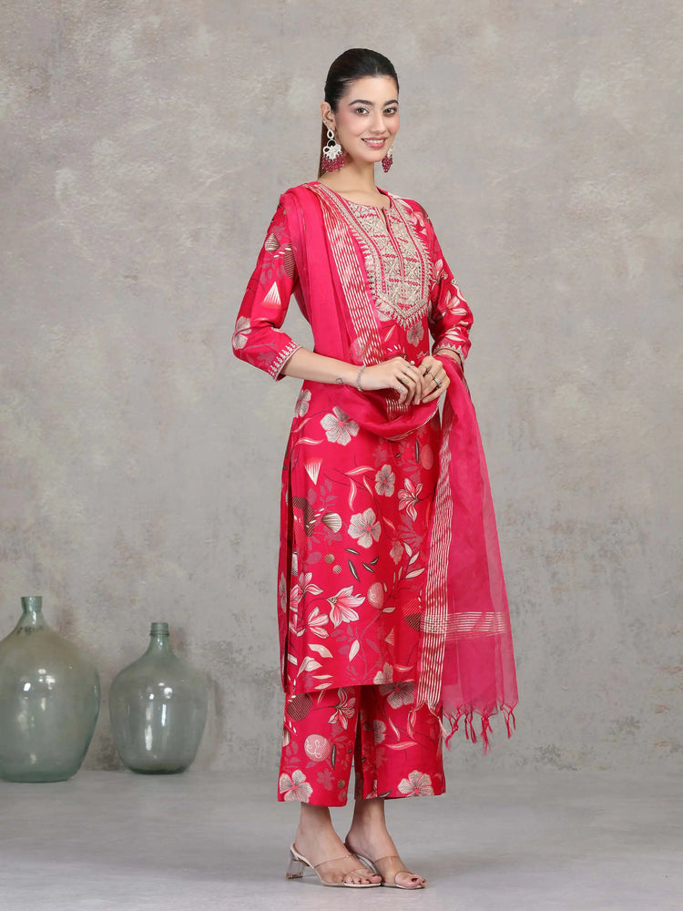 Rani Pink Floral Embroidered Straight Ethnic Set