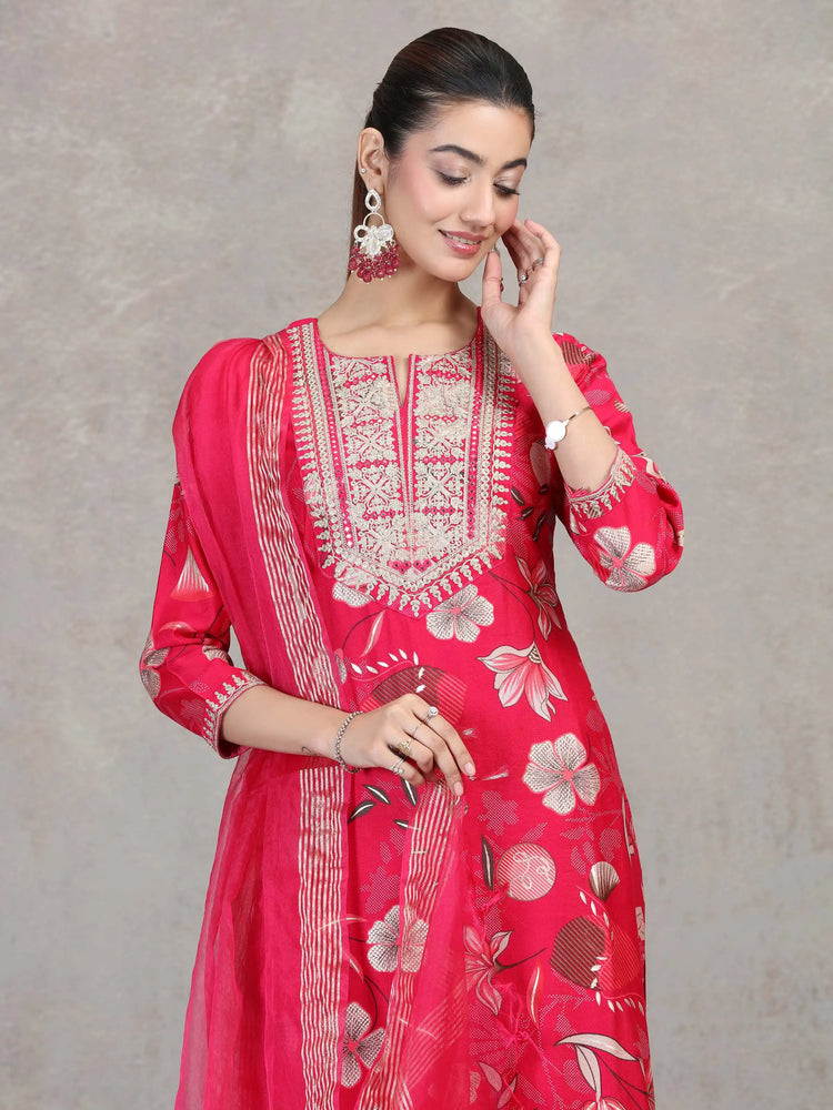 Rani Pink Floral Embroidered Straight Ethnic Set