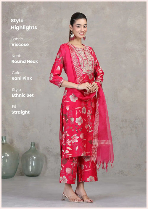 Rani Pink Floral Embroidered Straight Ethnic Set