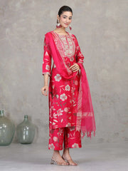 Rani Pink Floral Embroidered Straight Ethnic Set