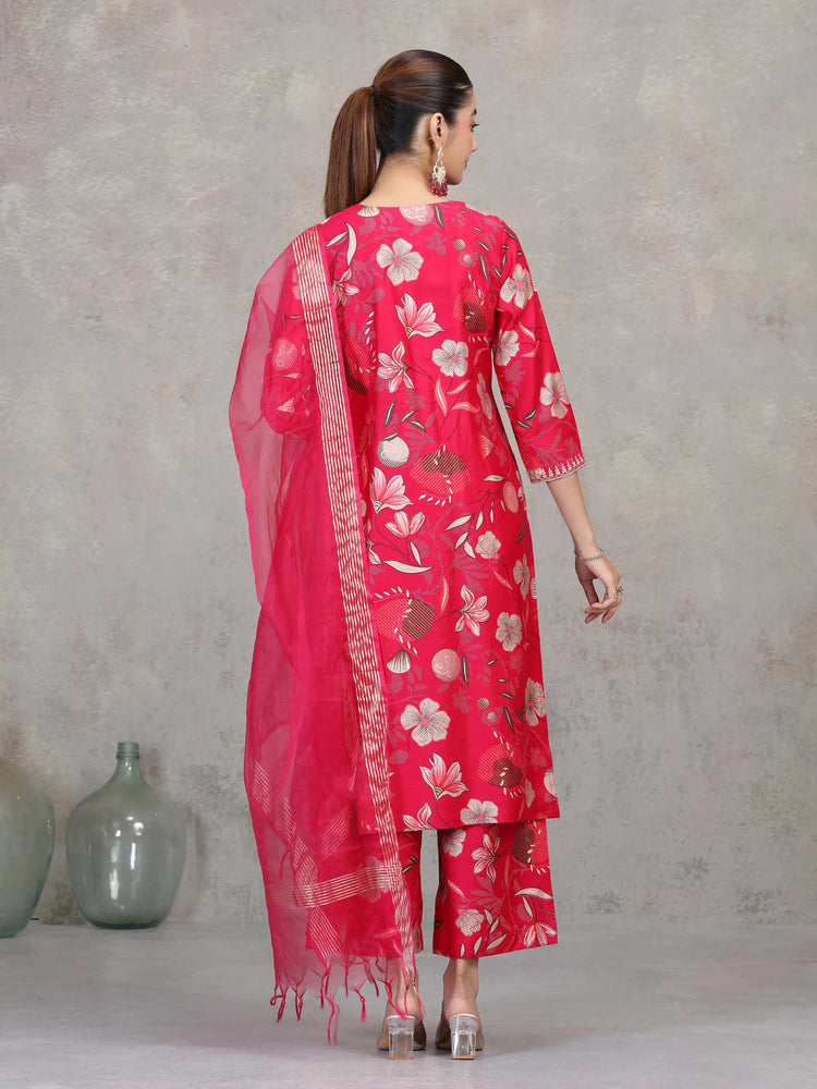 Rani Pink Floral Embroidered Straight Ethnic Set