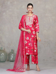 Rani Pink Floral Embroidered Straight Ethnic Set