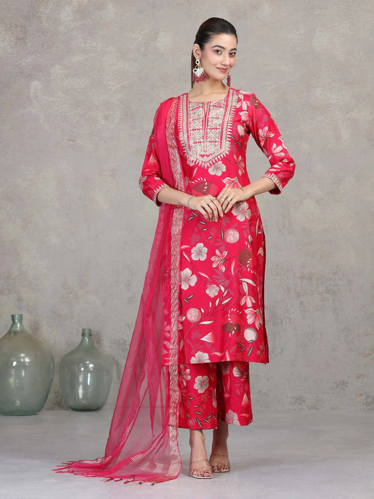 Rani Pink Floral Embroidered Straight Ethnic Set