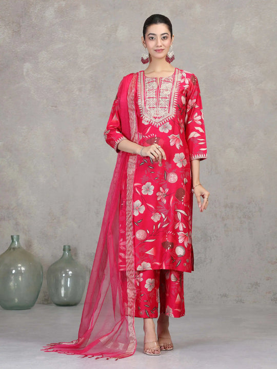 Rani Pink Floral Embroidered Straight Ethnic Set
