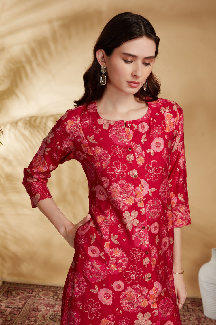 Rani Pink Floral Printed A-Line Co-ord Set