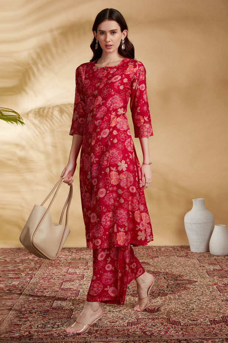Rani Pink Floral Printed A-Line Co-ord Set
