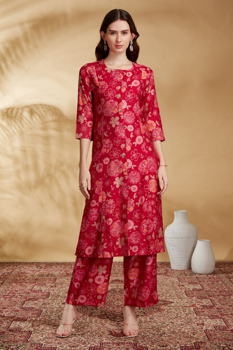 Rani Pink Floral Printed A-Line Co-ord Set