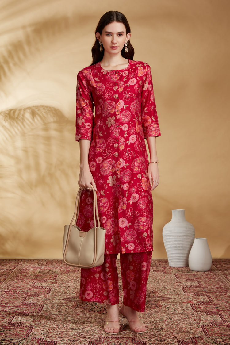 Rani Pink Floral Printed A-Line Co-ord Set