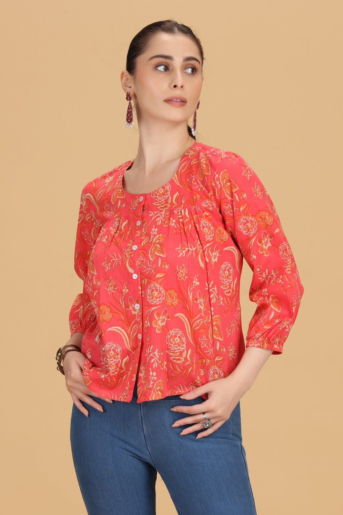 Rani Pink Jaipuri Cotton Printed Flared Short Kurta for women