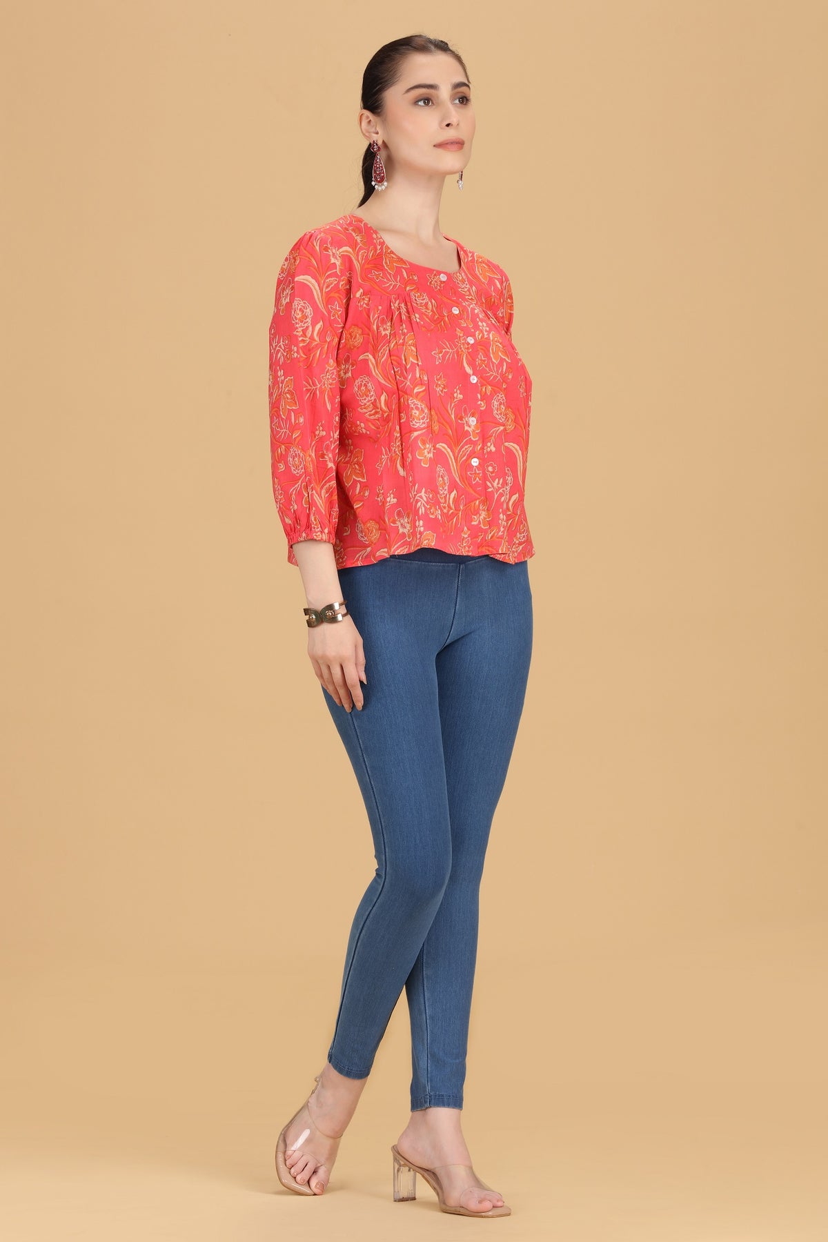 Rani Pink Jaipuri Cotton Printed Flared Short Kurta for women