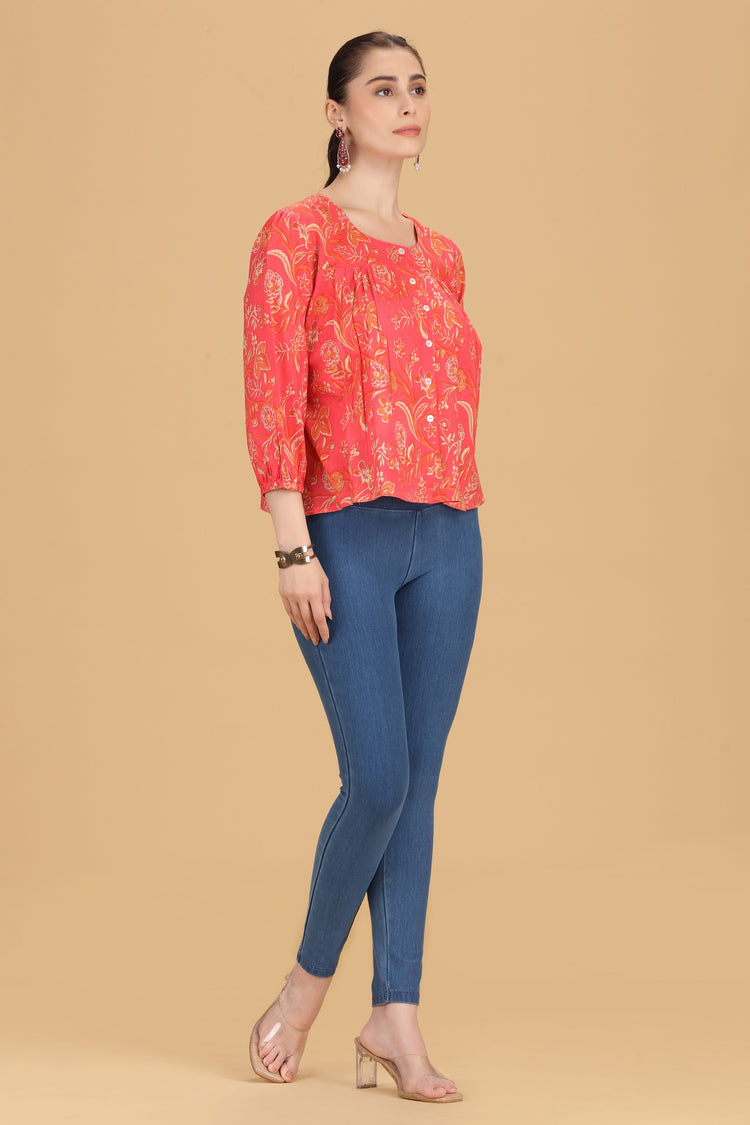 Rani Pink Jaipuri Cotton Printed Flared Short Kurta for women