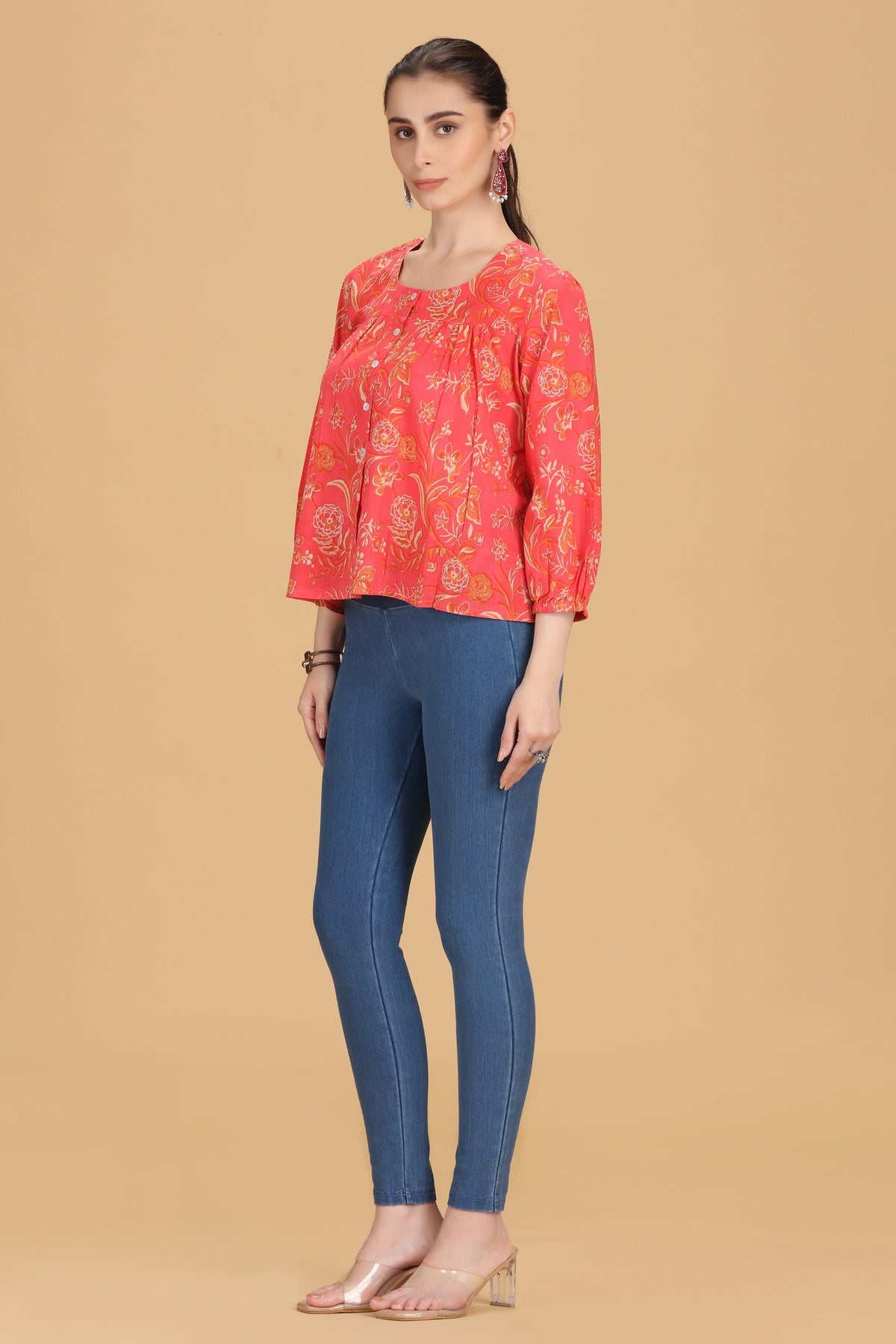 Rani Pink Jaipuri Cotton Printed Flared Short Kurta for women