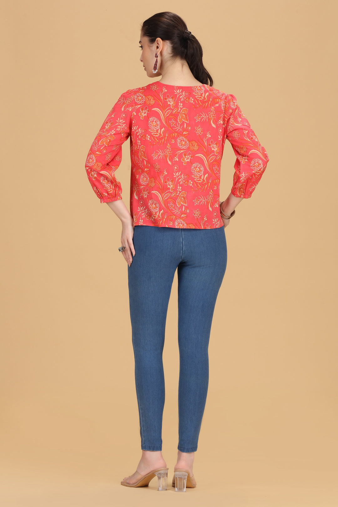 Rani Pink Jaipuri Cotton Printed Flared Short Kurta for women