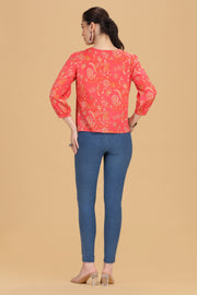 Rani Pink Jaipuri Cotton Printed Flared Short Kurta for women