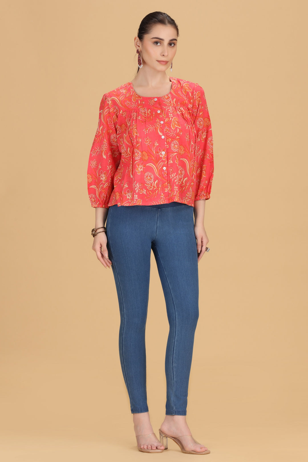 Rani Pink Jaipuri Cotton Printed Flared Short Kurta for women