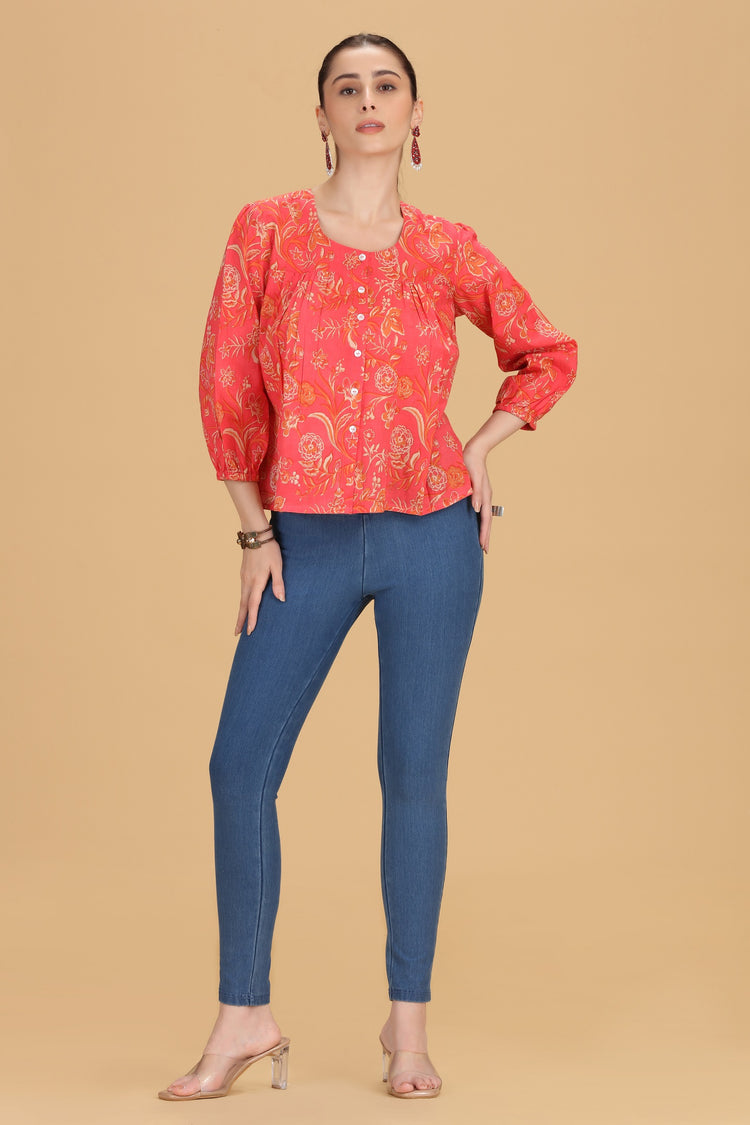 Rani Pink Jaipuri Cotton Printed Flared Short Kurta for women