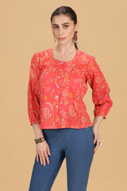 Rani Pink Jaipuri Cotton Printed Flared Short Kurta for women