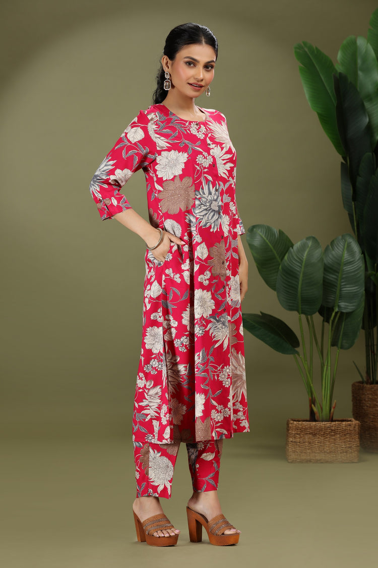 Rani Pink Rayon Printed A Line Kurta Pant Co ord Set for women