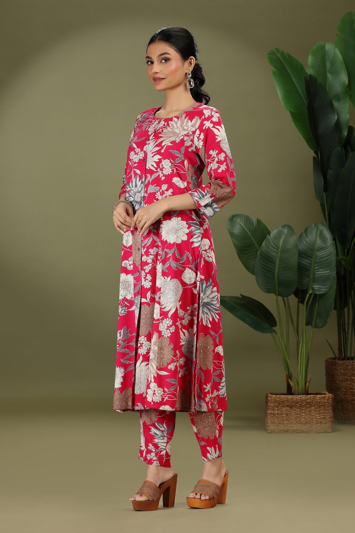 Rani Pink Rayon Printed A Line Kurta Pant Co ord Set for women