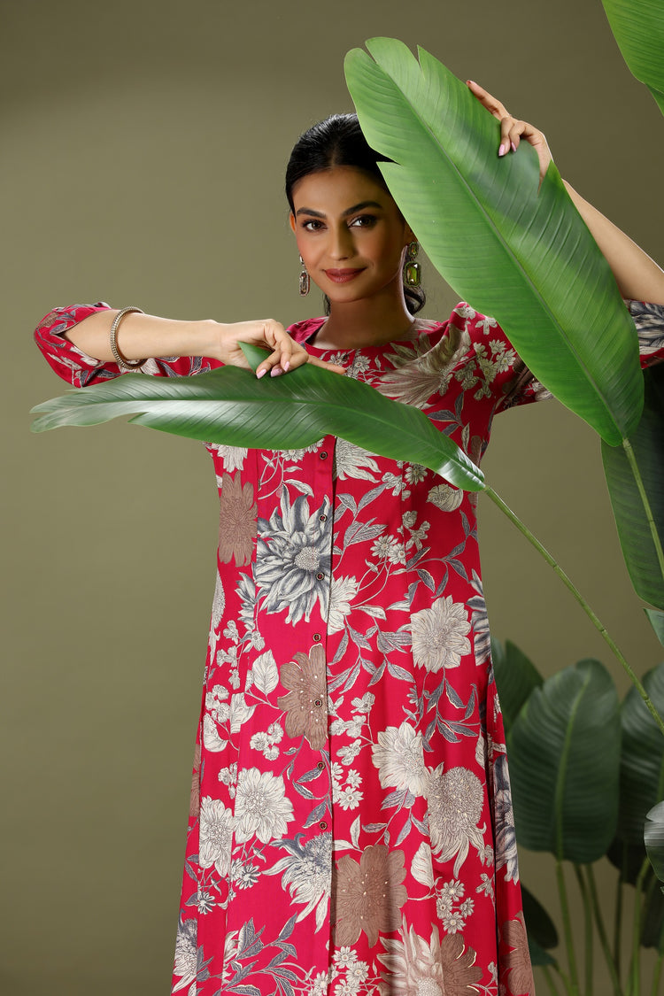 Rani Pink Rayon Printed A Line Kurta Pant Co ord Set for women