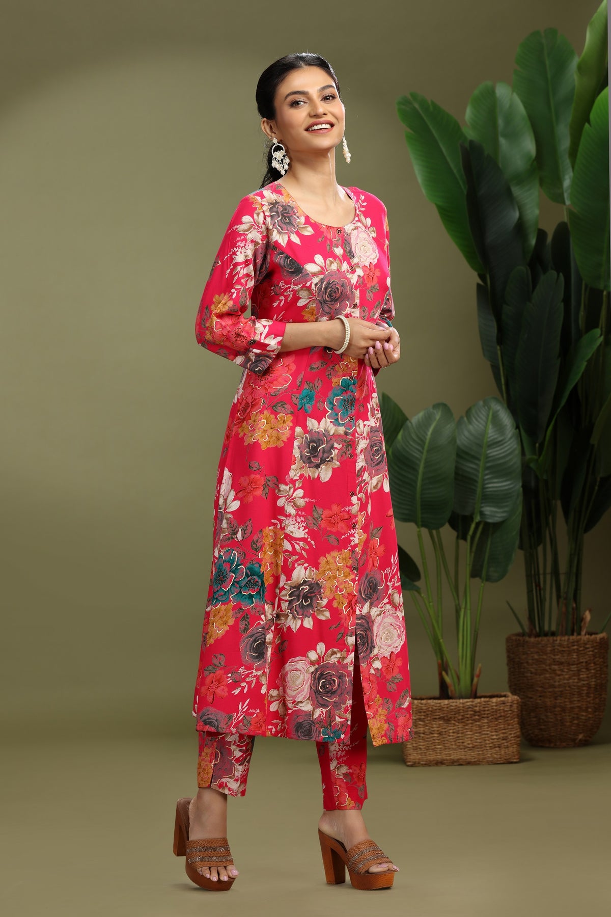 Rani Pink Rayon Printed Straight Kurta Pant Co Ord Set