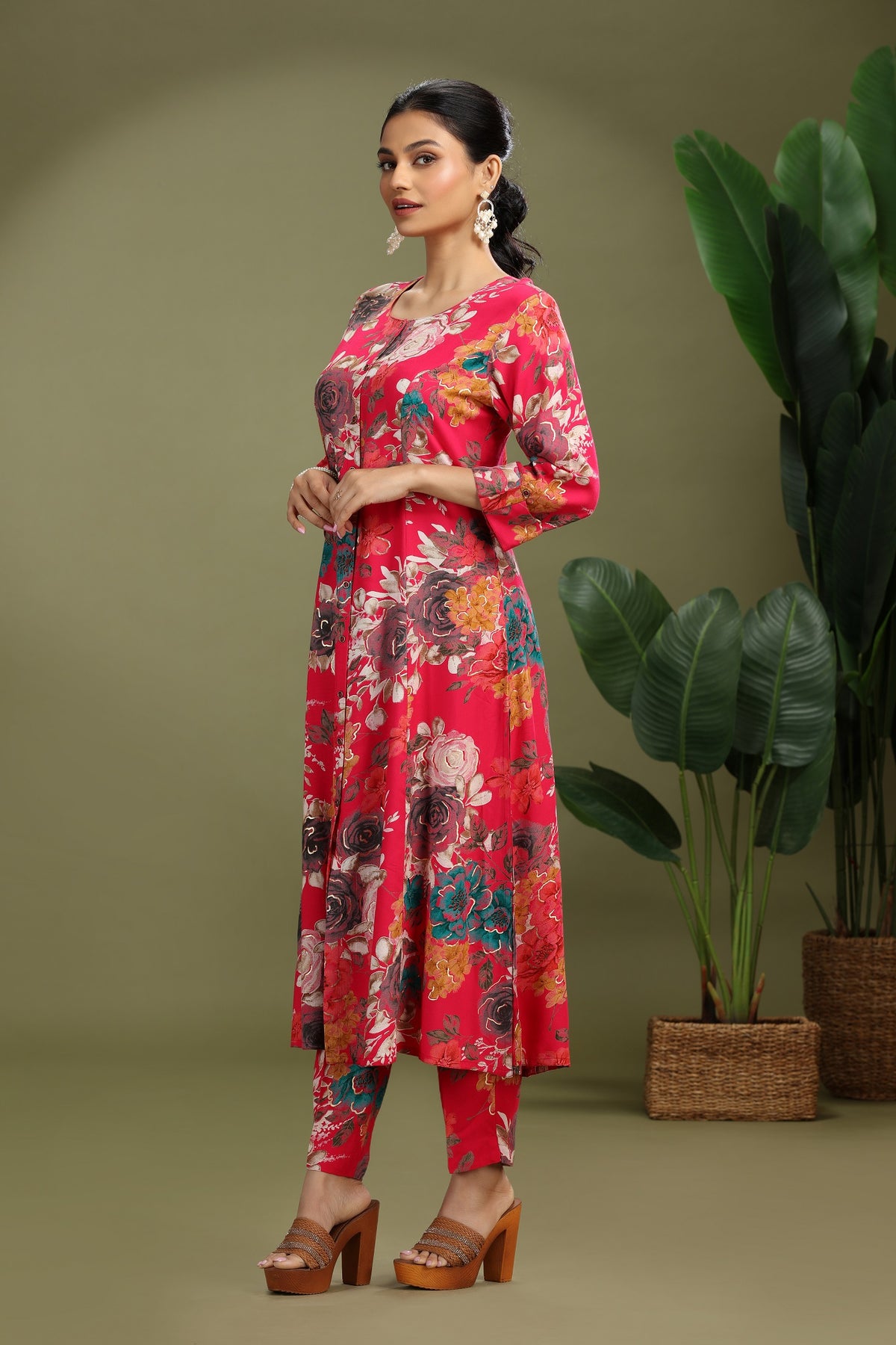 Rani Pink Rayon Printed Straight Kurta Pant Co Ord Set