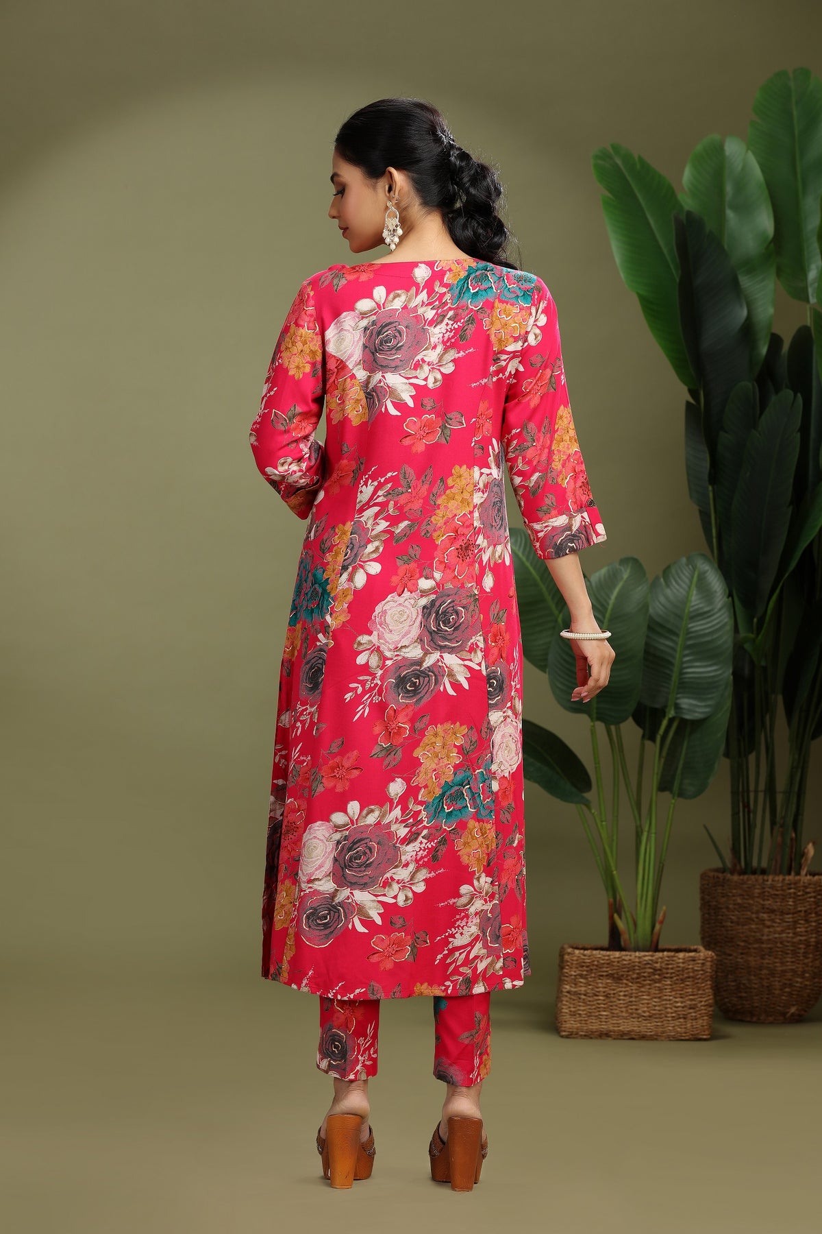 Rani Pink Rayon Printed Straight Kurta Pant Co Ord Set