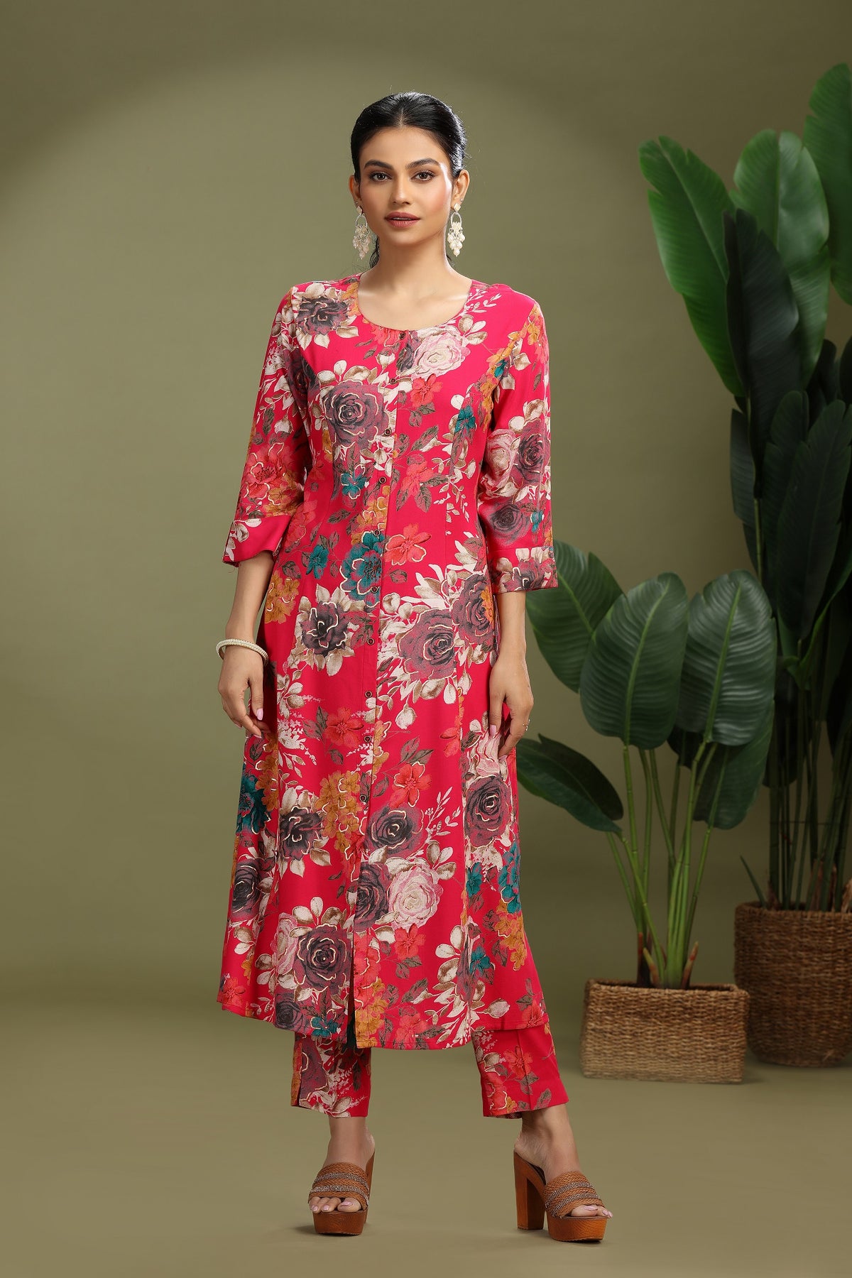 Rani Pink Rayon Printed Straight Kurta Pant Co Ord Set