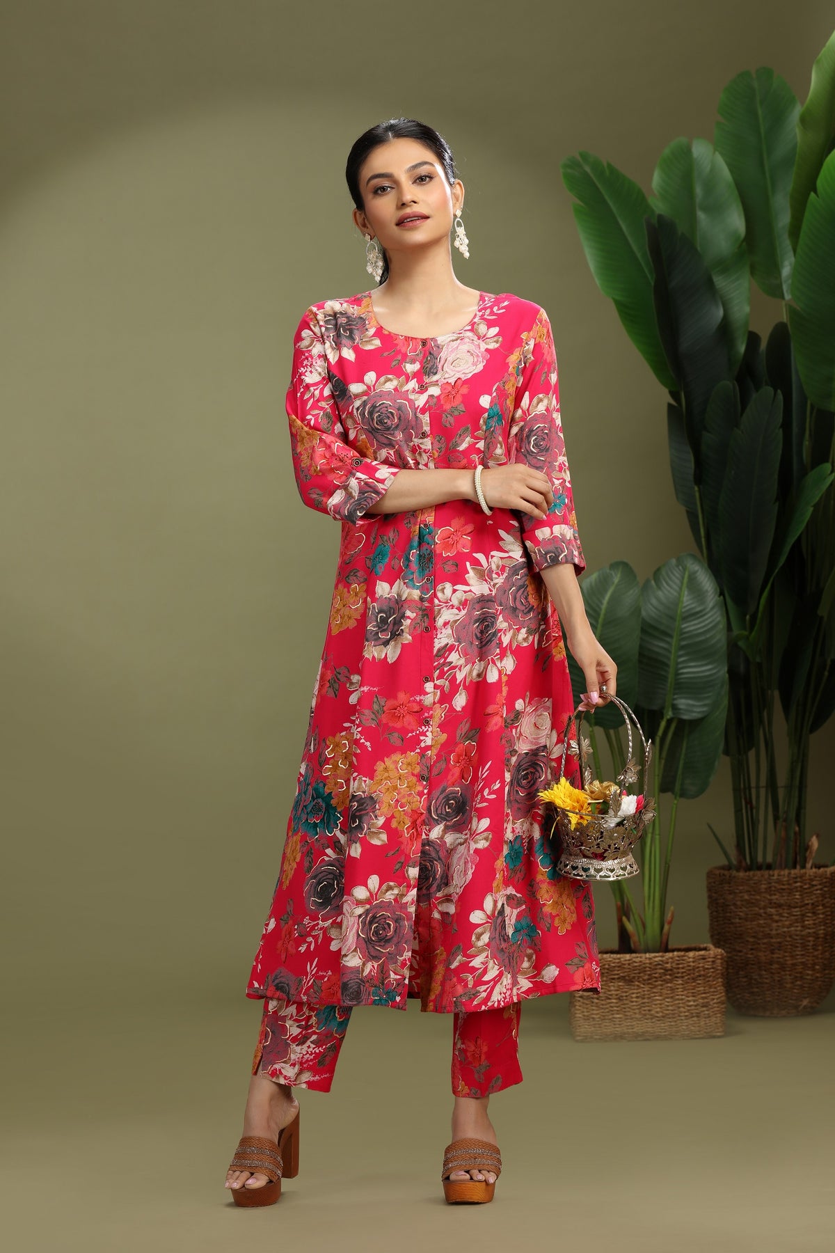 Rani Pink Rayon Printed Straight Kurta Pant Co Ord Set