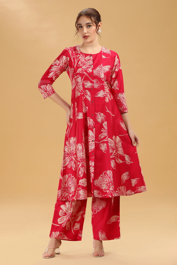 Rani Pink Soft Silk Printed Straight Kurta Pant Co ord Set for women
