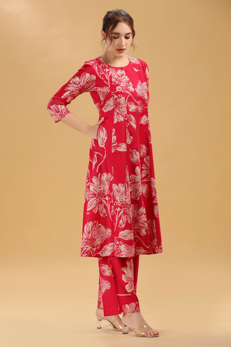 Rani Pink Soft Silk Printed Straight Kurta Pant Co ord Set for women