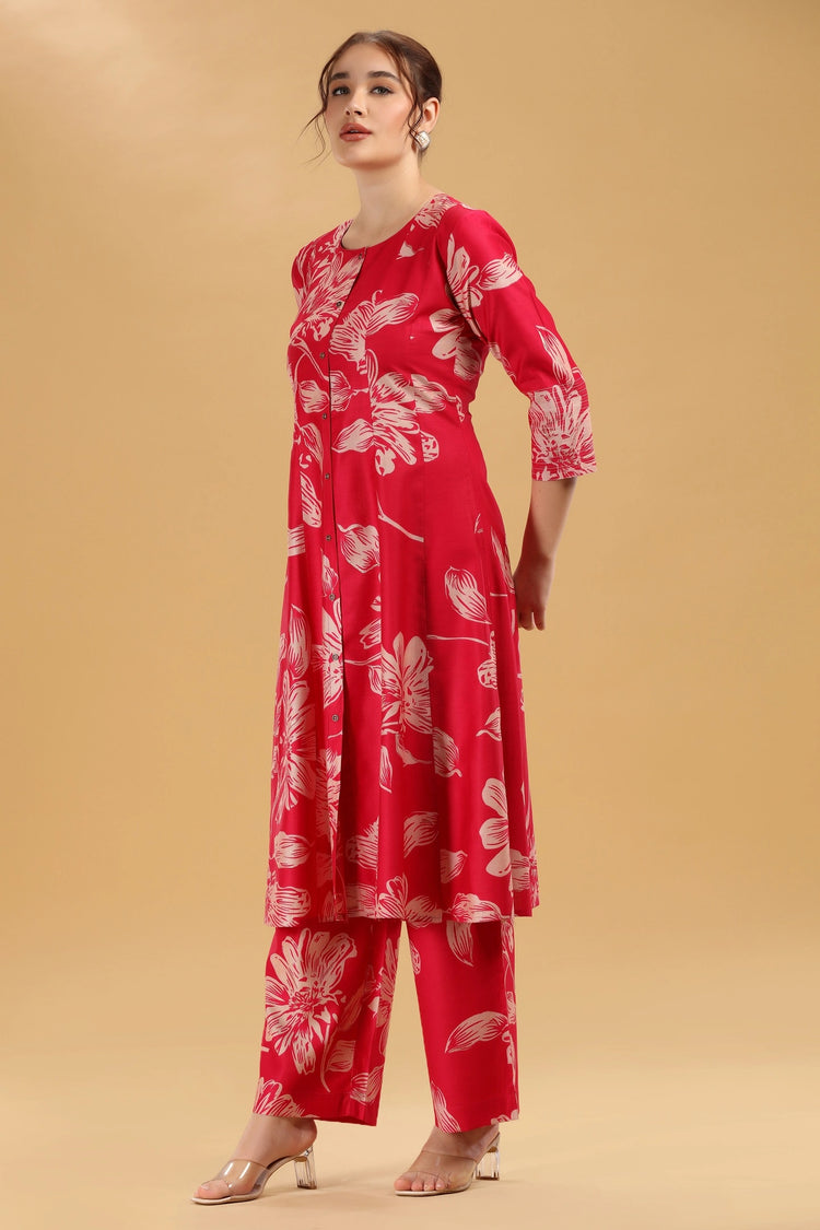 Rani Pink Soft Silk Printed Straight Kurta Pant Co ord Set for women