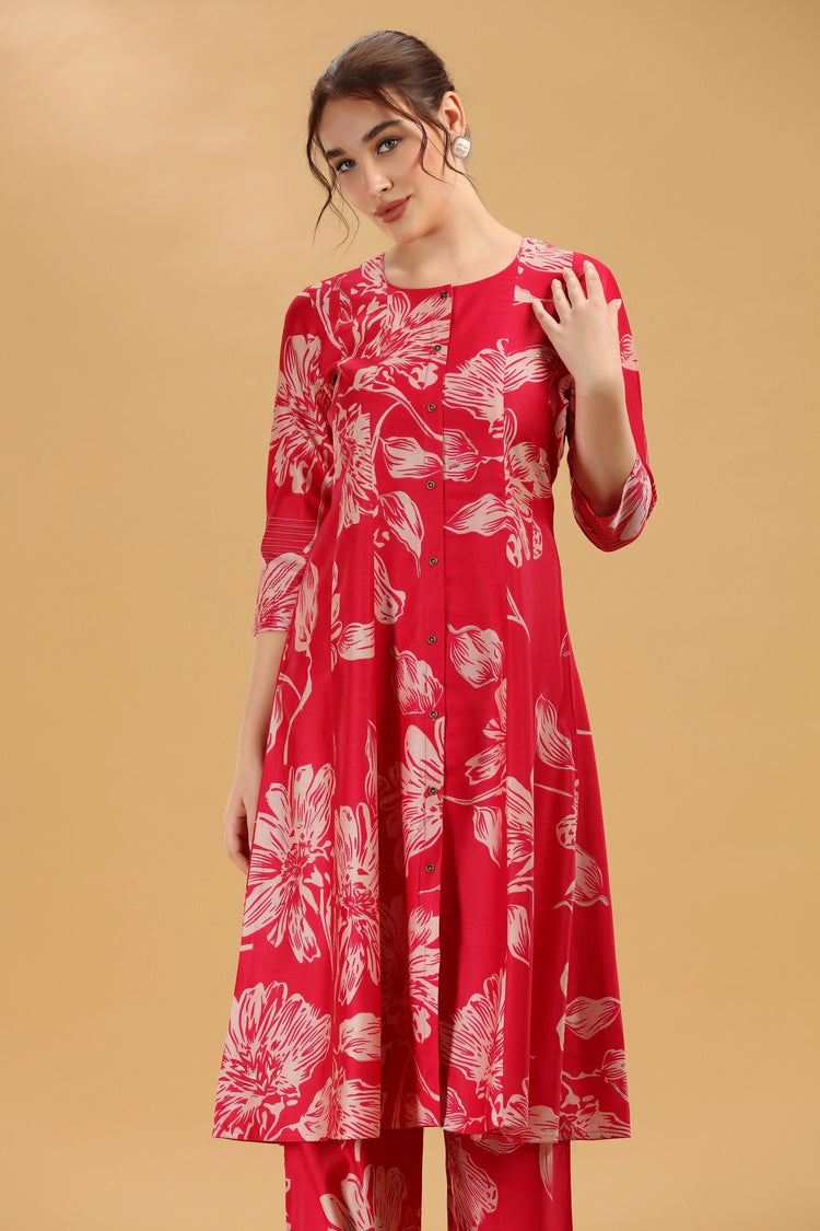 Rani Pink Soft Silk Printed Straight Kurta Pant Co ord Set for women