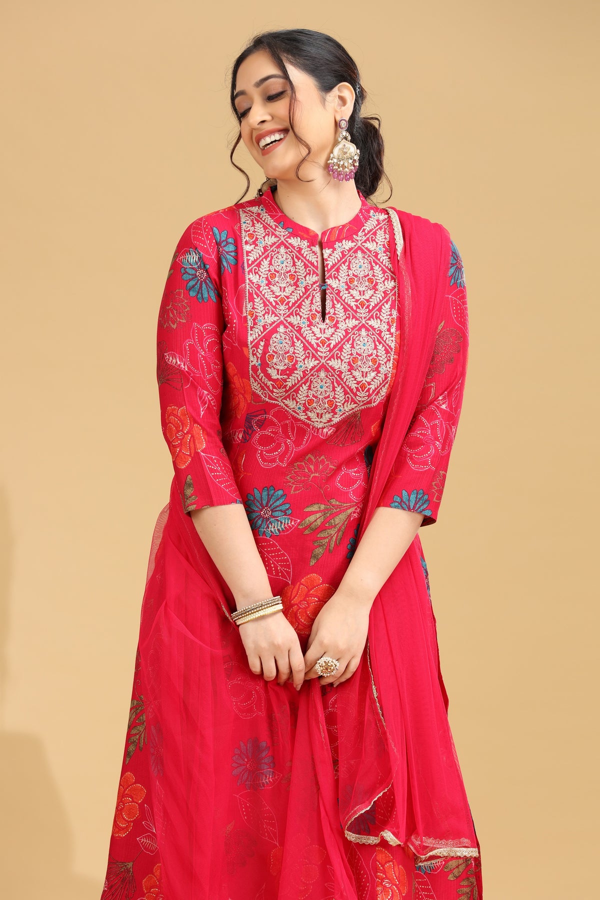 Rani Pink Floral Embroidered Straight Ethnic Set