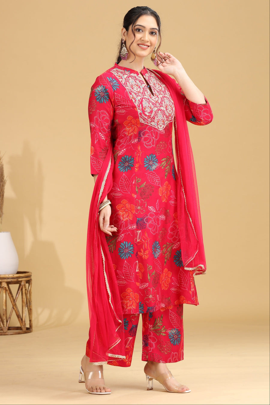 Rani Pink Floral Embroidered Straight Ethnic Set