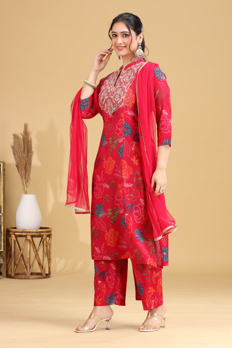 Rani Pink Floral Embroidered Straight Ethnic Set