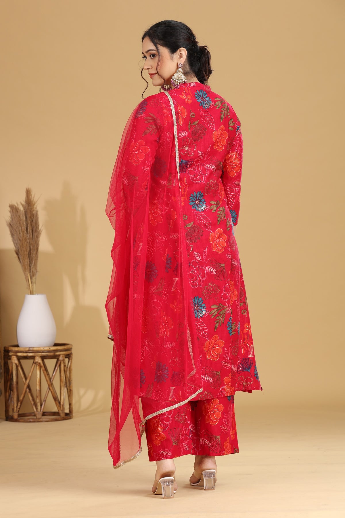 Rani Pink Floral Embroidered Straight Ethnic Set