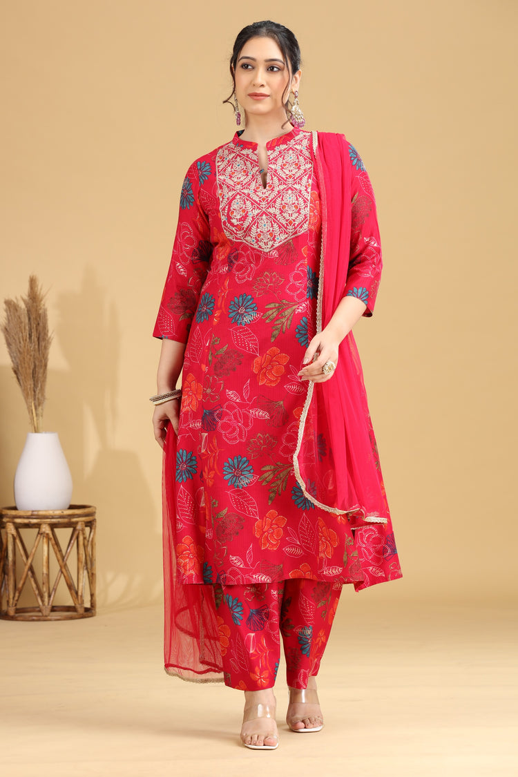 Rani Pink Floral Embroidered Straight Ethnic Set