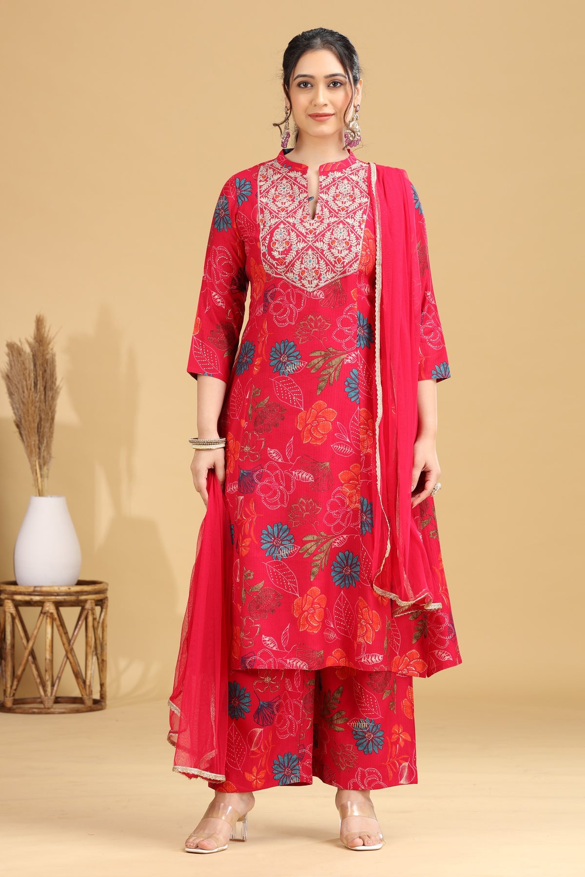 Rani Pink Floral Embroidered Straight Ethnic Set