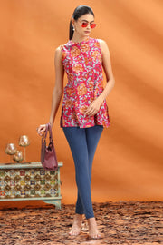 Rani Pink Jaipuri Cotton Floral Printed Short Kurta