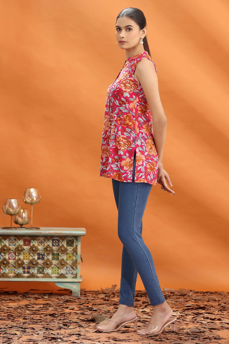 Rani Pink Jaipuri Cotton Floral Printed Short Kurta