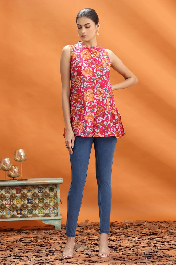 Rani Pink Jaipuri Cotton Floral Printed Short Kurta