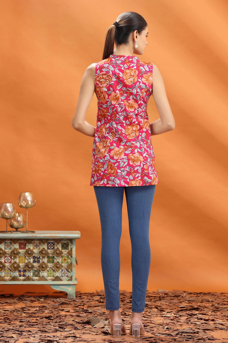 Rani Pink Jaipuri Cotton Floral Printed Short Kurta